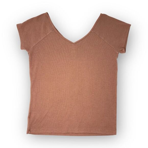 American Eagle AE Ribbed Saltwash V-Neck Baby Tee Rust Pink Women’s Size XL - Picture 2 of 10